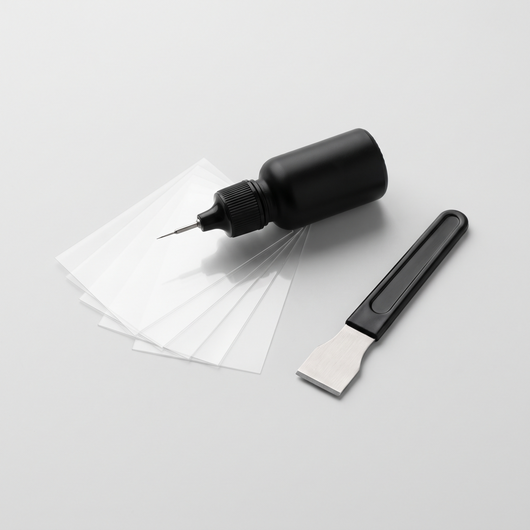 ALVAREZ GlassFix windshield repair kit: resin applicator, curing films and razor blade